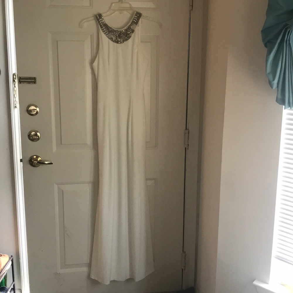 White maxi dress with beaded collar